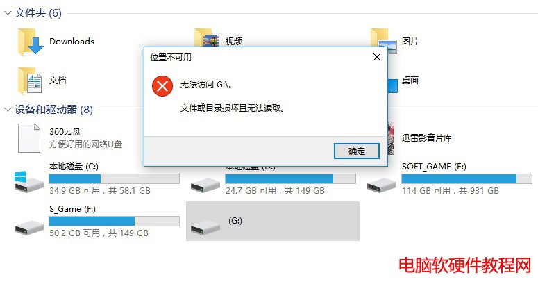 U盘不可以卸载，提示：“目录损毁且没办法读取”